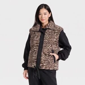 JoyLab Women's High Pile Vest Animal Print Adjustable Drawstring Size S